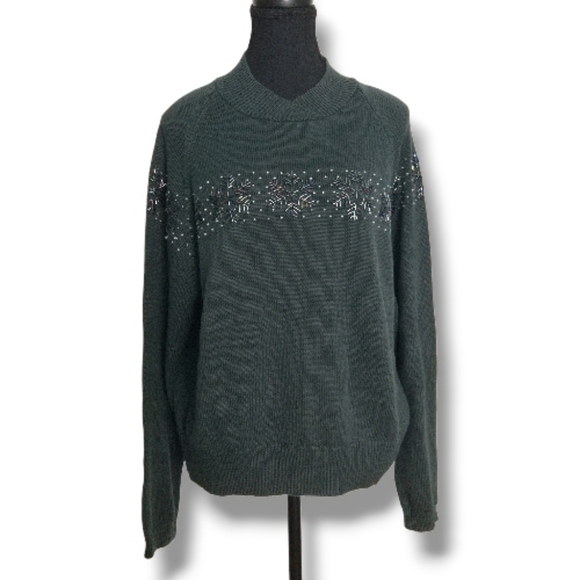 Beaded Snowflake Sweater, Meanna, Dark Green Knit Winter Pullover Holiday Jumper - Picture 2 of 9